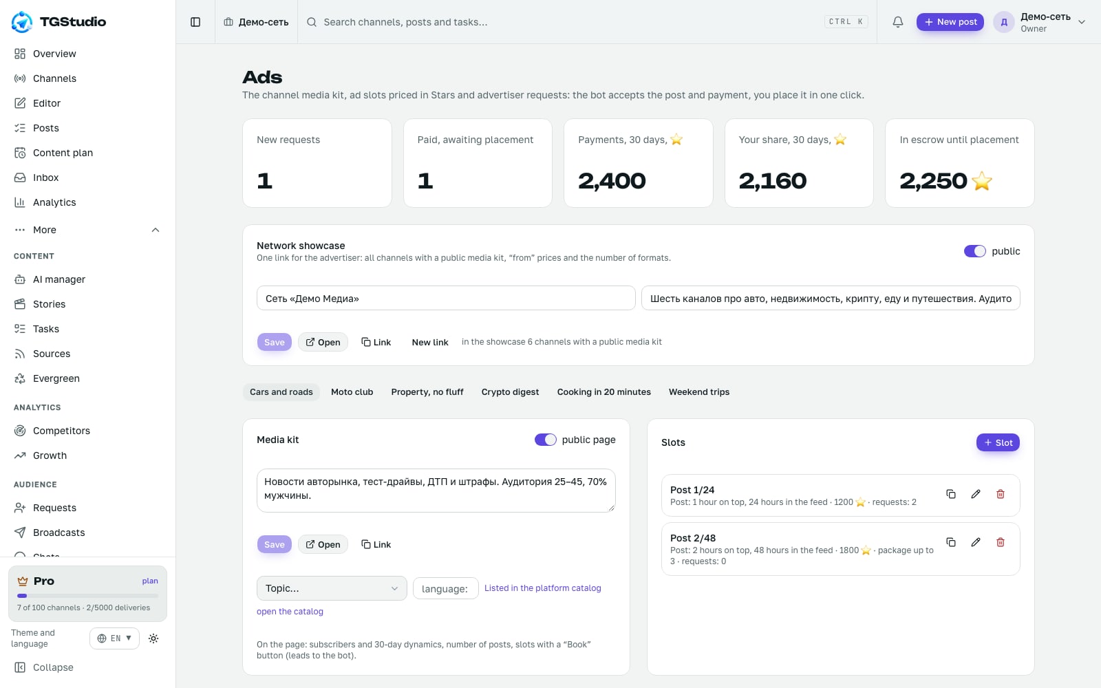 TGStudio advertising screen: ad slots priced in Telegram Stars, advertiser requests and 30-day channel revenue