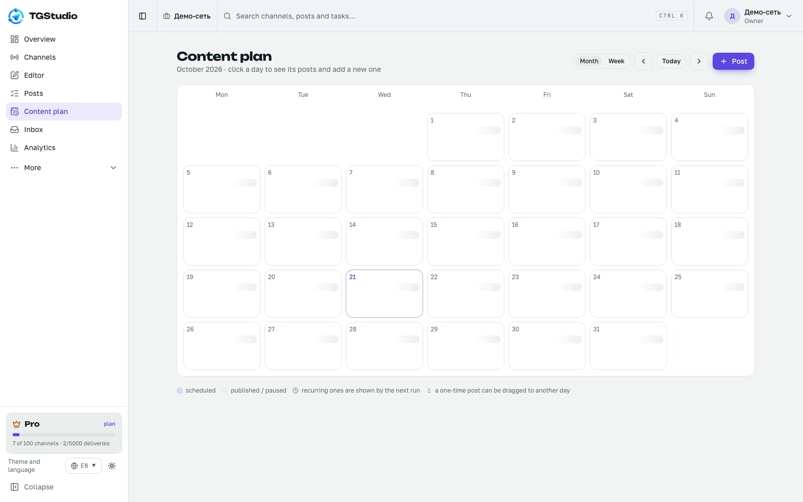 TGStudio content calendar: a month of posts across every channel in the network, drag and drop to reschedule