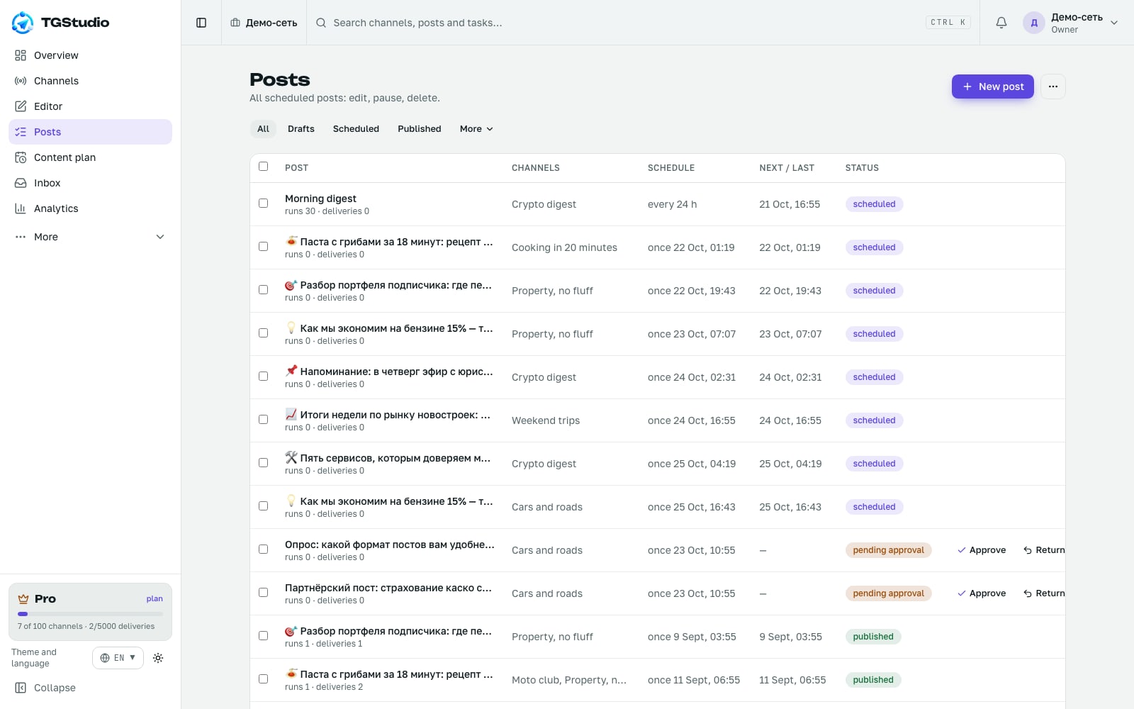 TGStudio post list and per-channel delivery log with error details